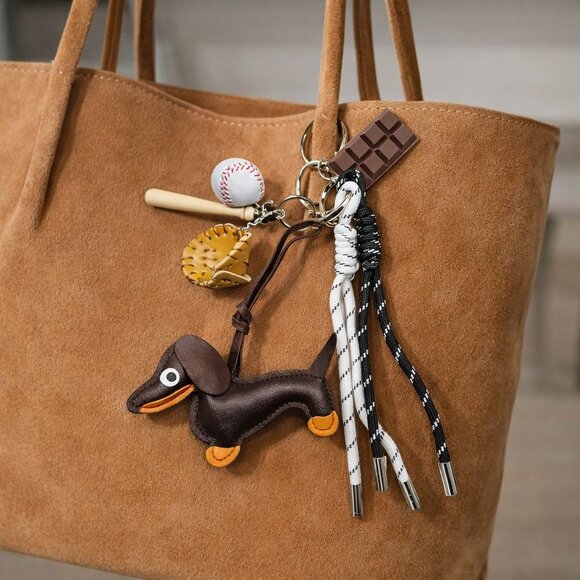 Whimsical Dachshund Bag Charm Baseball & Chocolate Details Statement Keychain - Picture 2 of 6